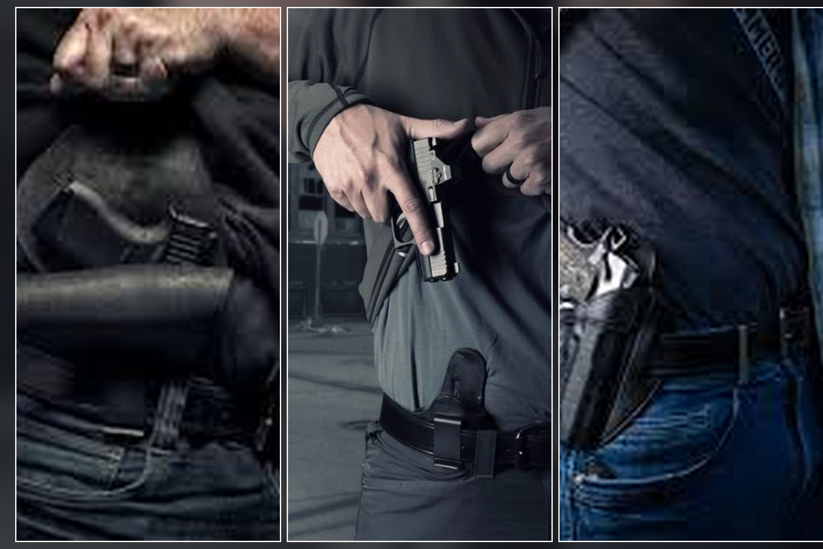 Three holster carry reference images combined side by side in one composition, showing different concealed-carry positions at the waistband and front carry.