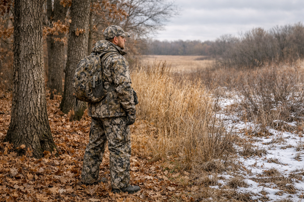 best camo pattern for Midwest hunting shown in hardwood timber field edge and late season cover
