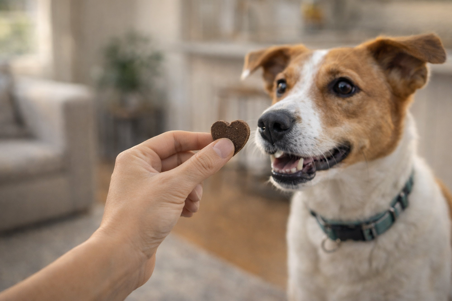 Dog owner handing a heart-shaped soft chew to a dog at home