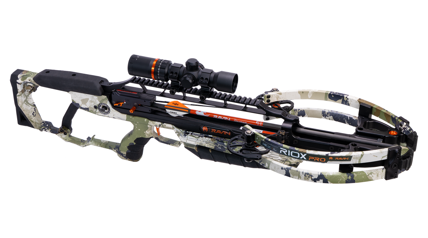 Ravin R10X Pro XK7 hero angle showing compact front profile, scope, and Kings XK7 camo finish