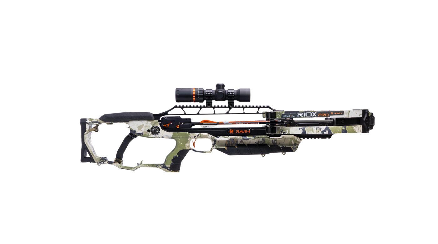 Ravin R10X Pro XK7 broadside product image showing full-length scope rail and compact profile