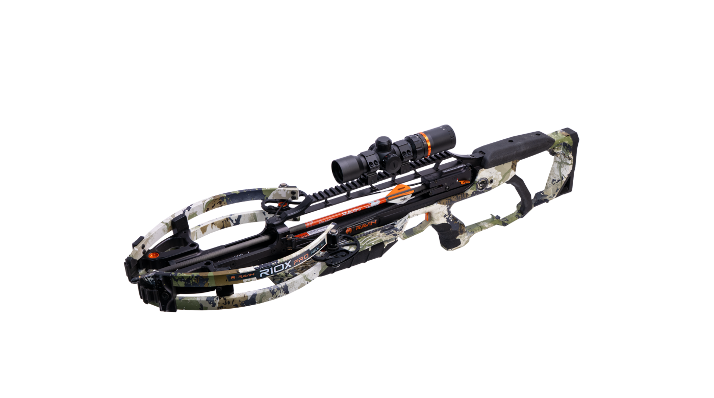 Top-down view of Ravin R10X Pro XK7 highlighting scope alignment, rail, and compact limb structure