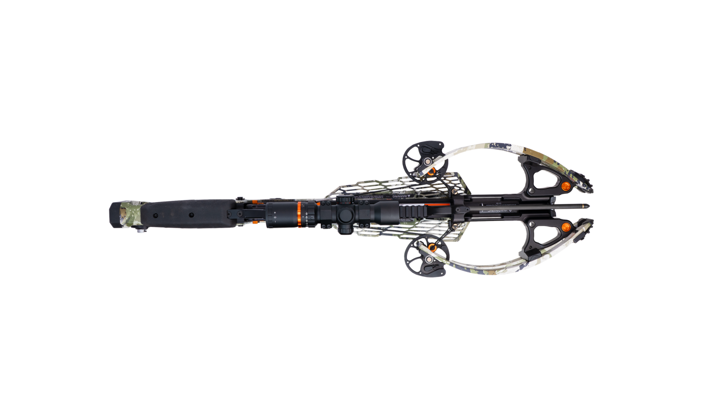 Close angled view of Ravin R10X Pro XK7 showing scope mount, stock contour, and compact front end