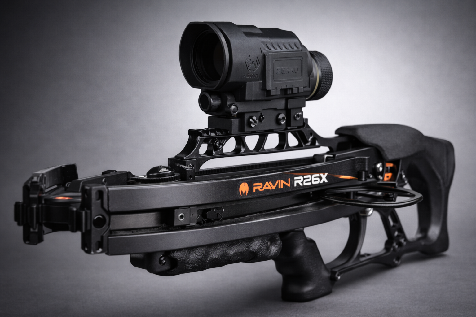 Angled view of compact Ravin-style crossbow with rangefinding scope mounted, showing rail and optic mount