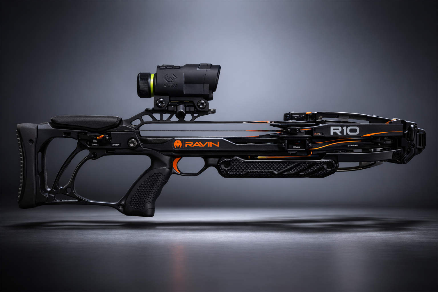 Ravin-style crossbow with rangefinding X1i scope mounted, side profile, gray studio background