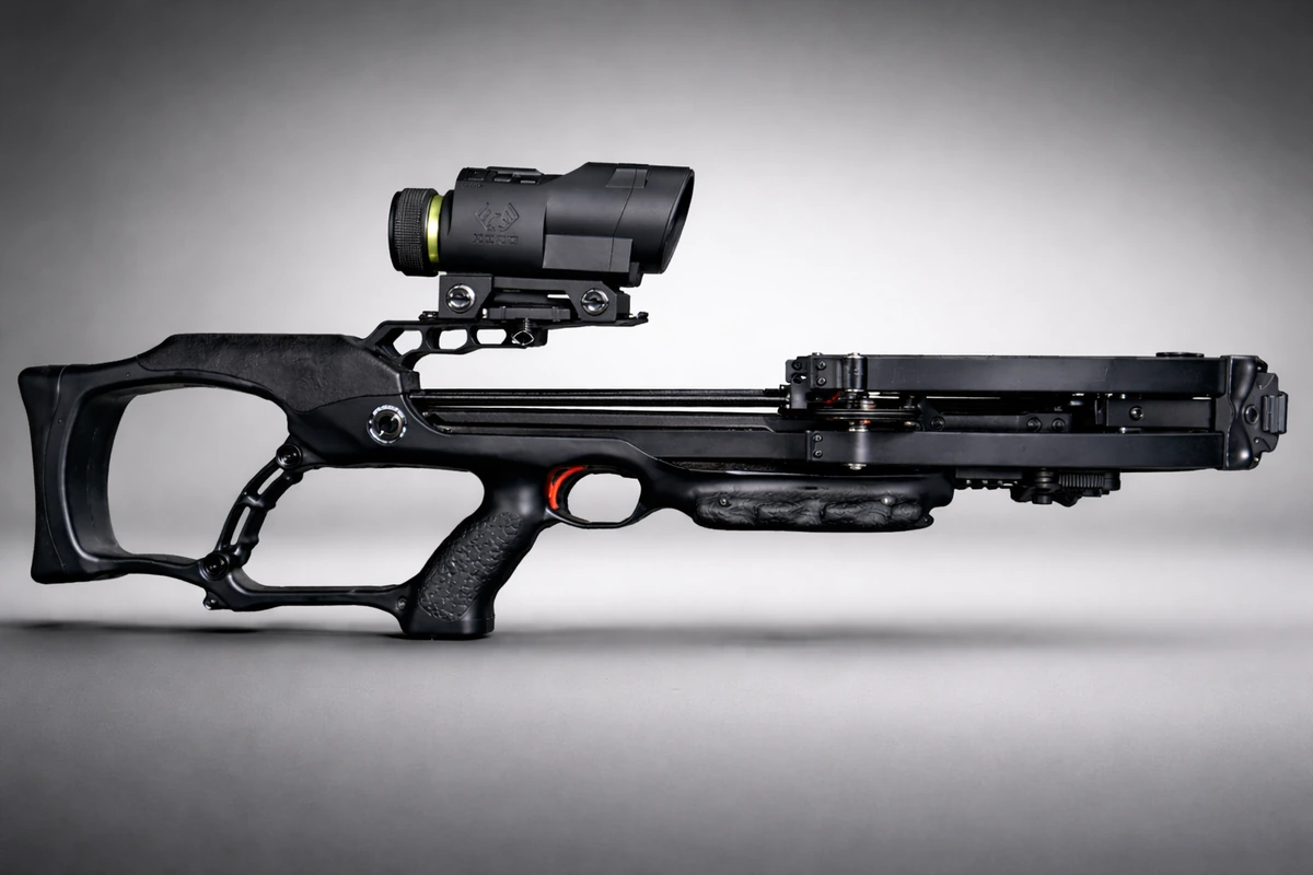 Side profile of Ravin crossbow with Xero X1i scope mounted on rail