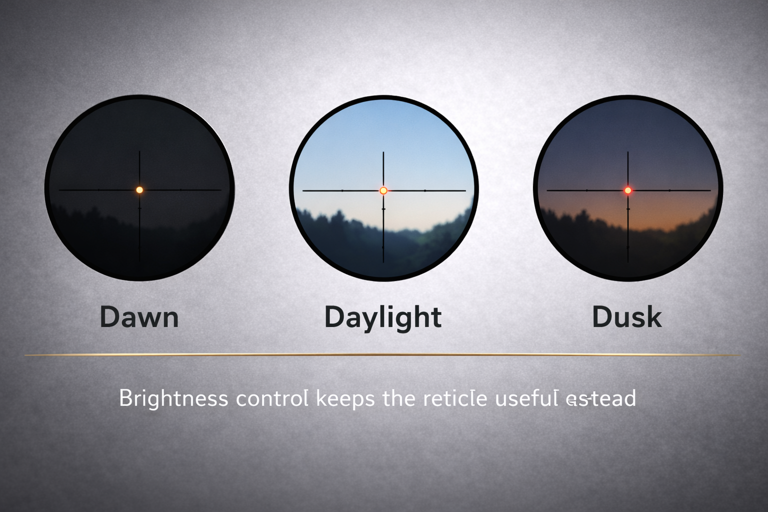 Concept graphic illustrating reticle brightness levels for dawn, daylight, and dusk