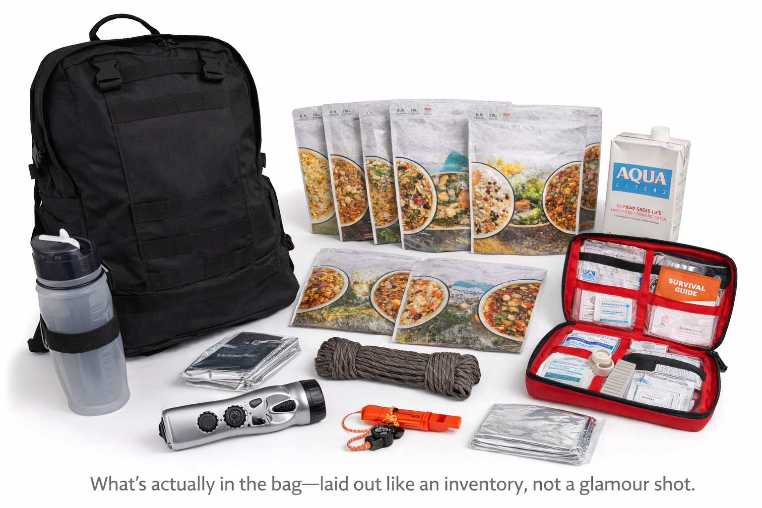 ReadyWise 2-day backpack kit contents laid out showing food pouches, first aid kit, and tools