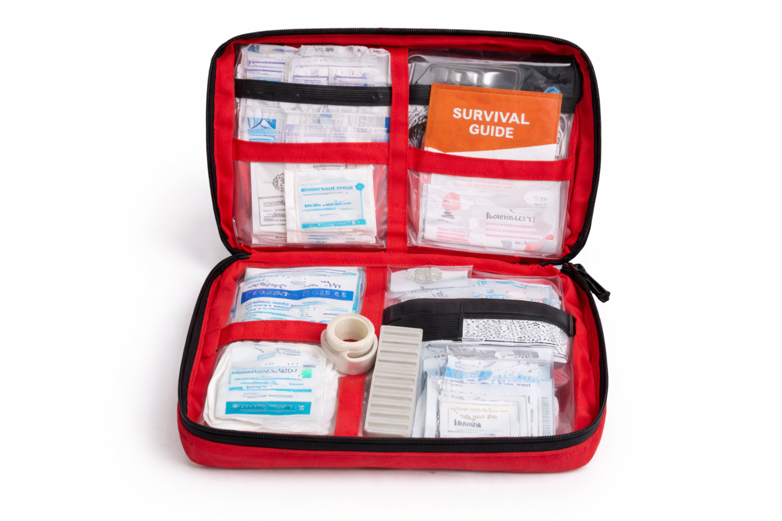 112-piece first aid kit layout included with ReadyWise 2-day backpack