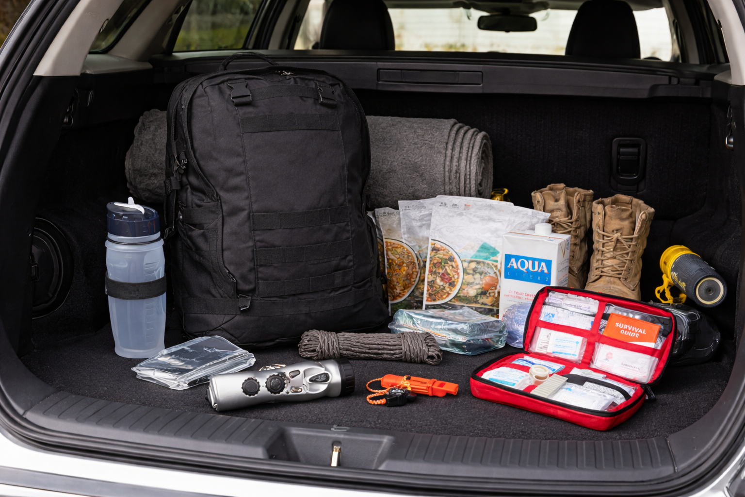 ReadyWise 2-day backpack staged in a car trunk as emergency go bag