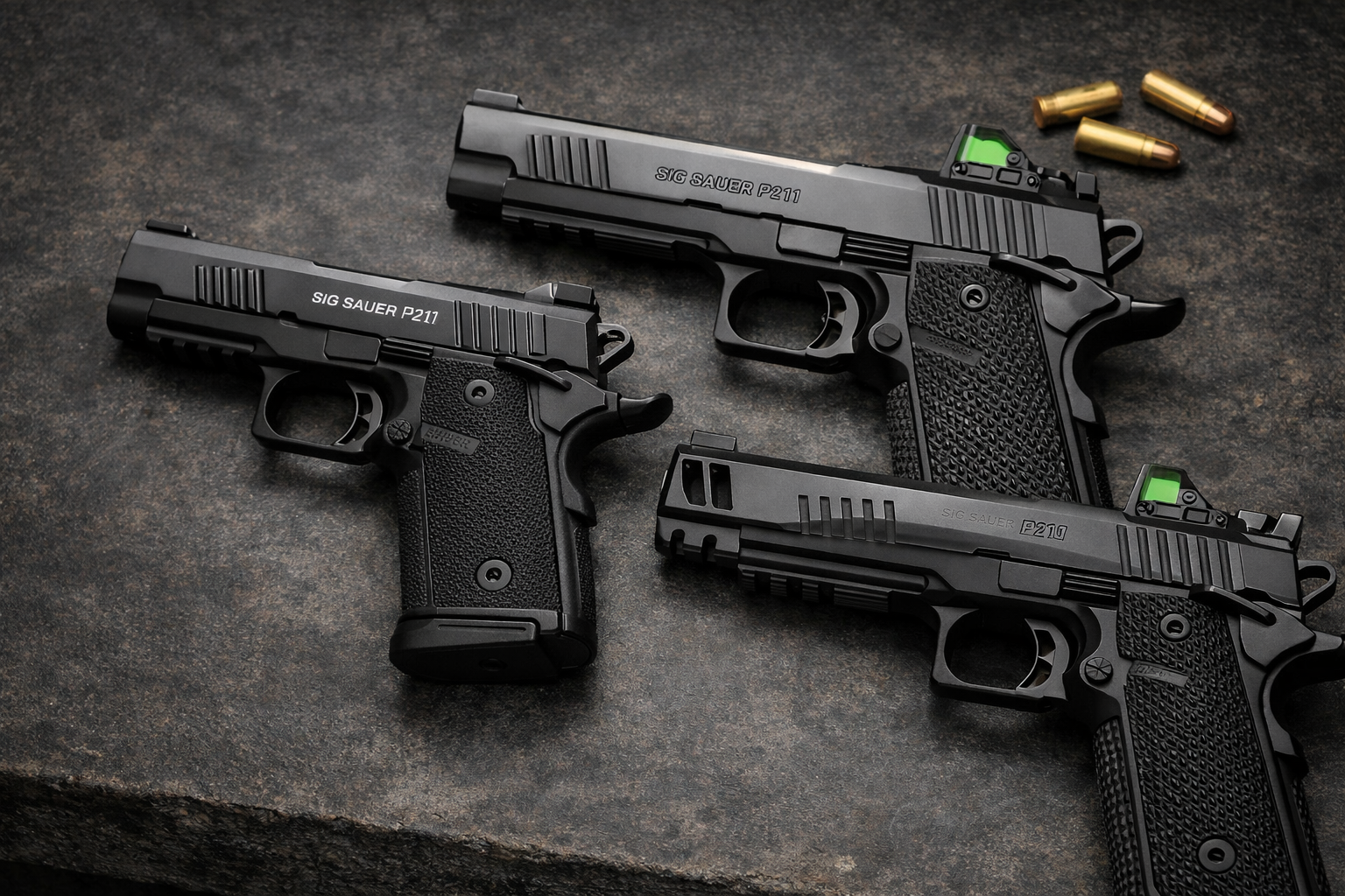 SIG P211 GT4 GT5 and GTO pistols compared side by side on a dark bench