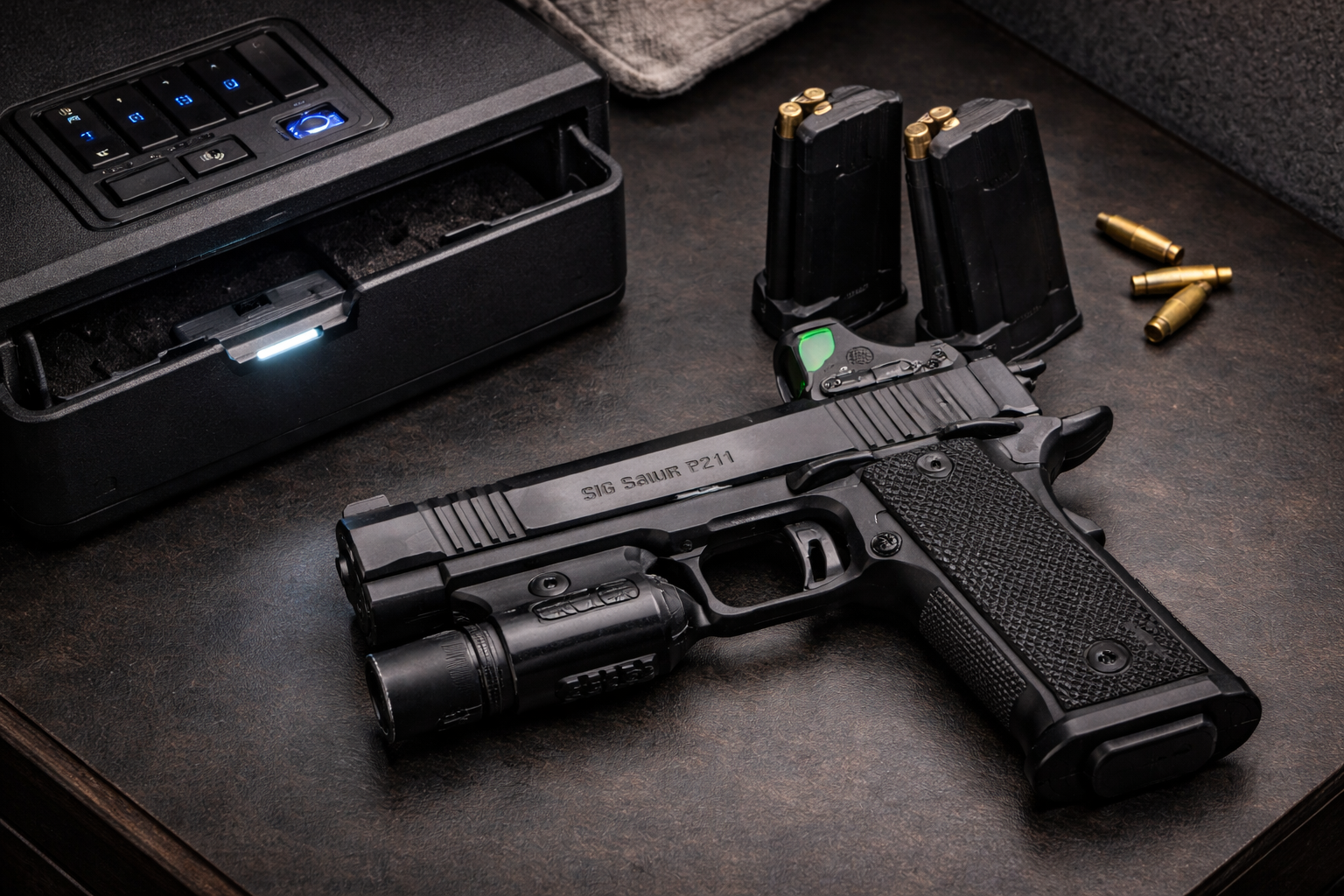 SIG P211 GT5 home defense setup with weapon light and bedside safe