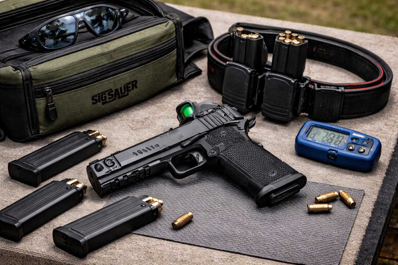 SIG P211 GTO competition pistol with belt mags timer and range gear