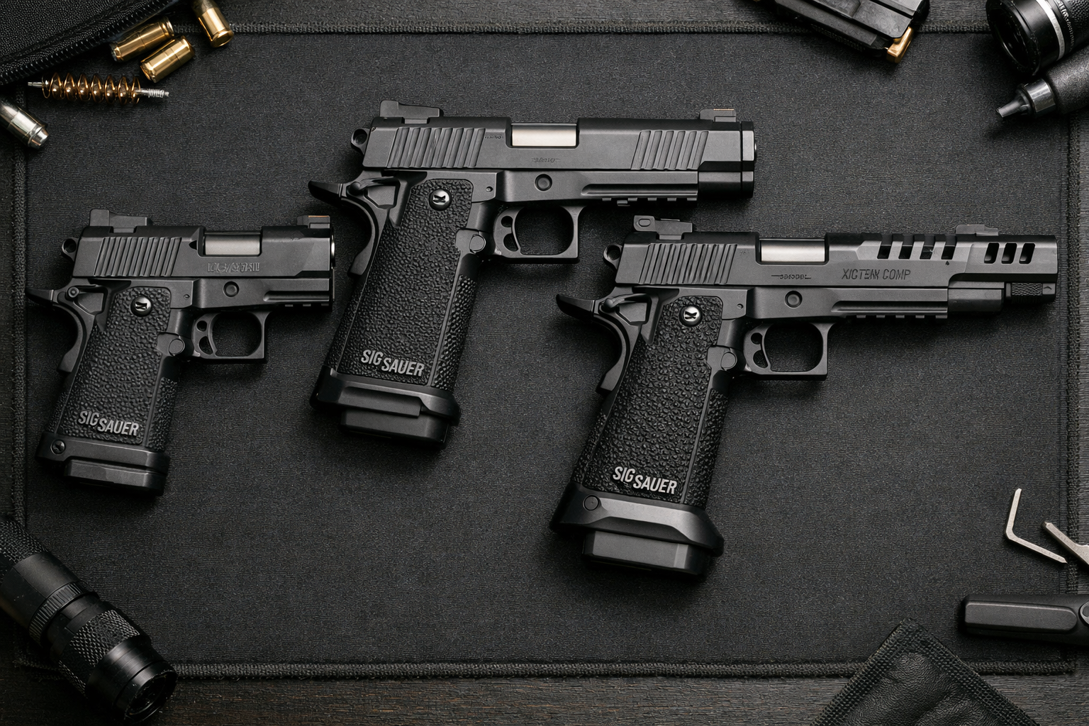 Three black premium 2011-style pistols arranged side by side on a dark bench mat in a photorealistic editorial flat lay, showing compact, full-size, and compensated competition-length models for size comparison.