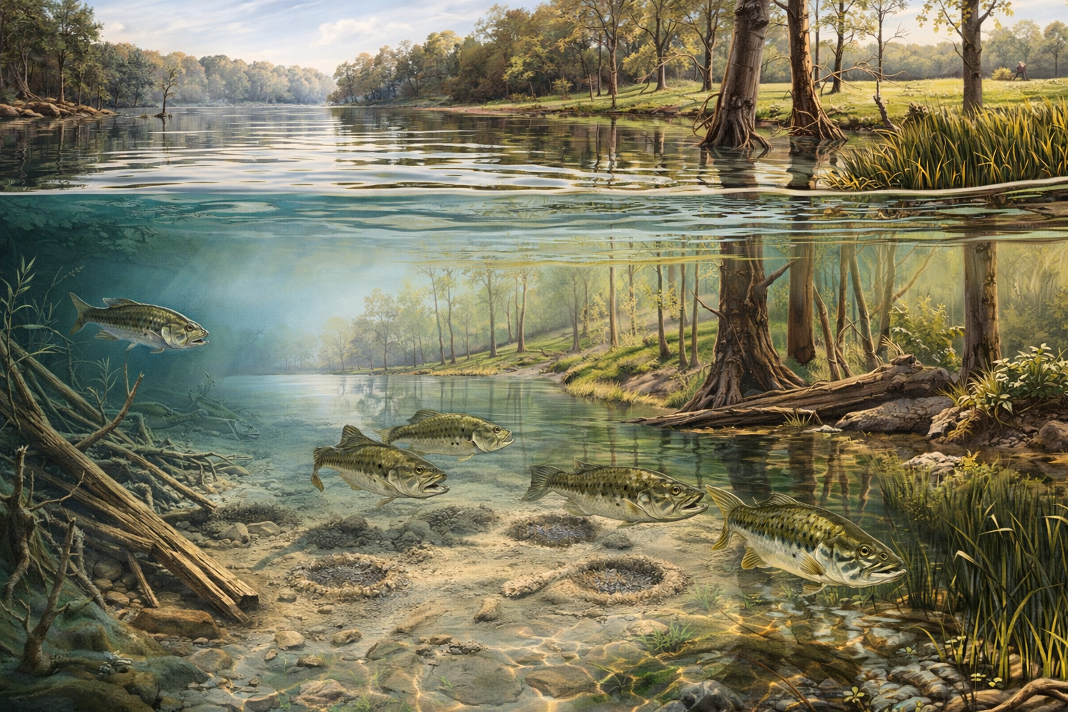 largemouth bass moving through spring prespawn spawn and postspawn areas with structure and shallow cover