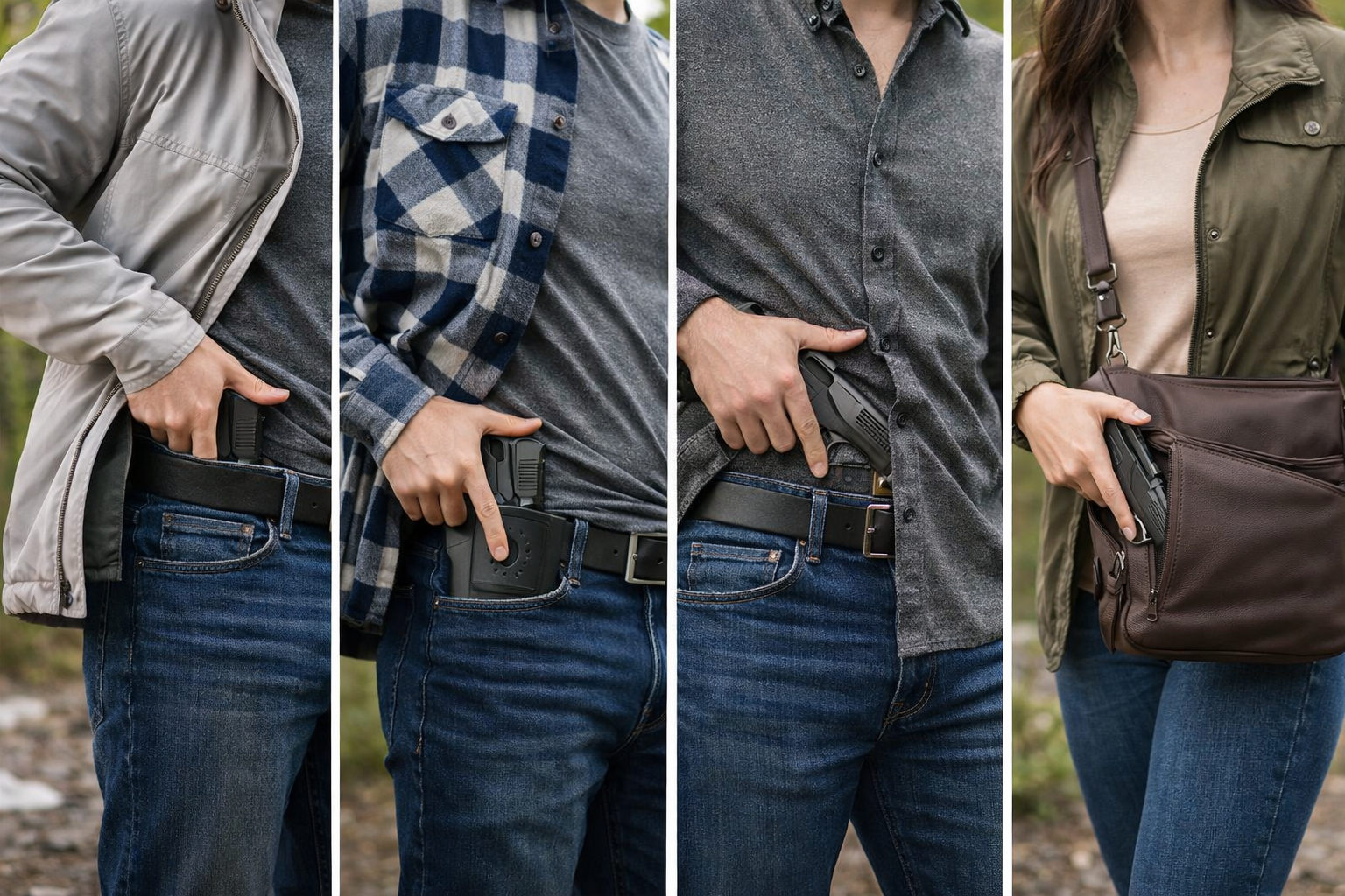 spring concealed carry comparison showing IWB OWB appendix and women’s purse carry