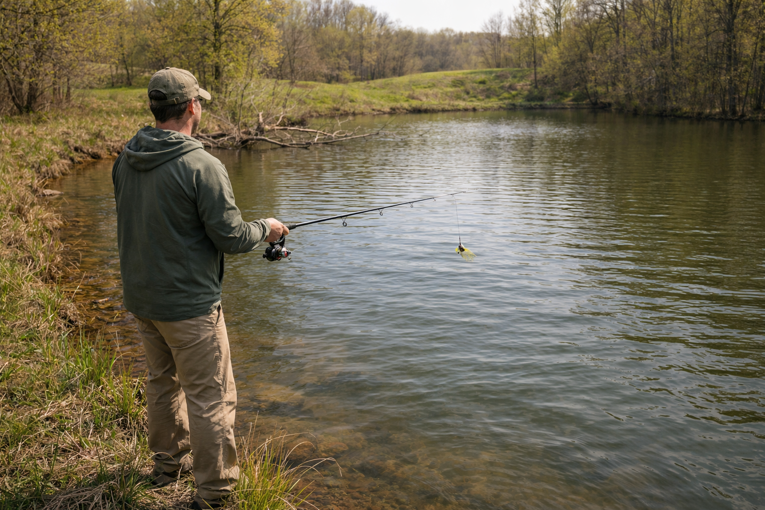 spring bass fishing from the bank of a small pond with spinning gear