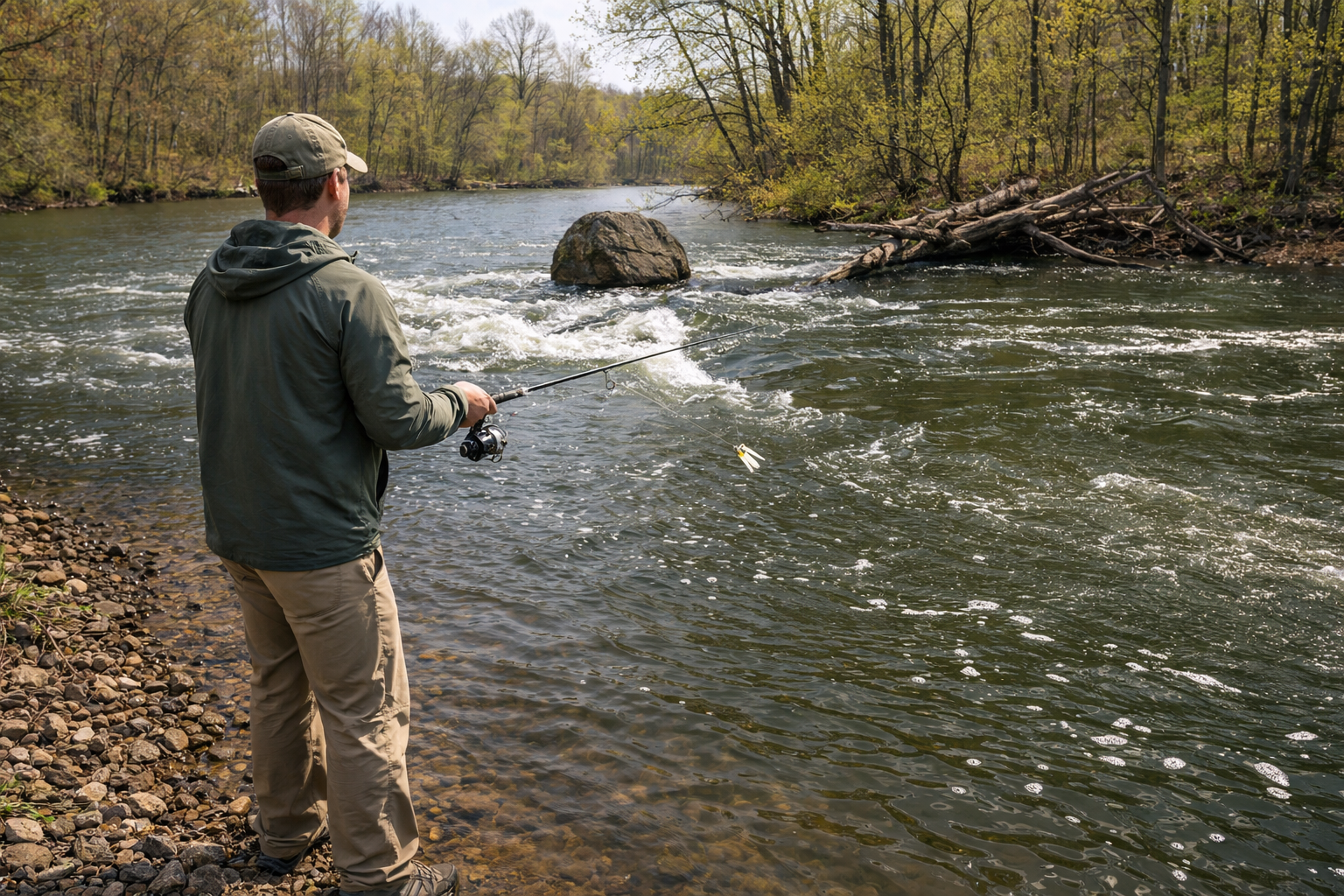 spring bass fishing on a river current seam near rock and wood
