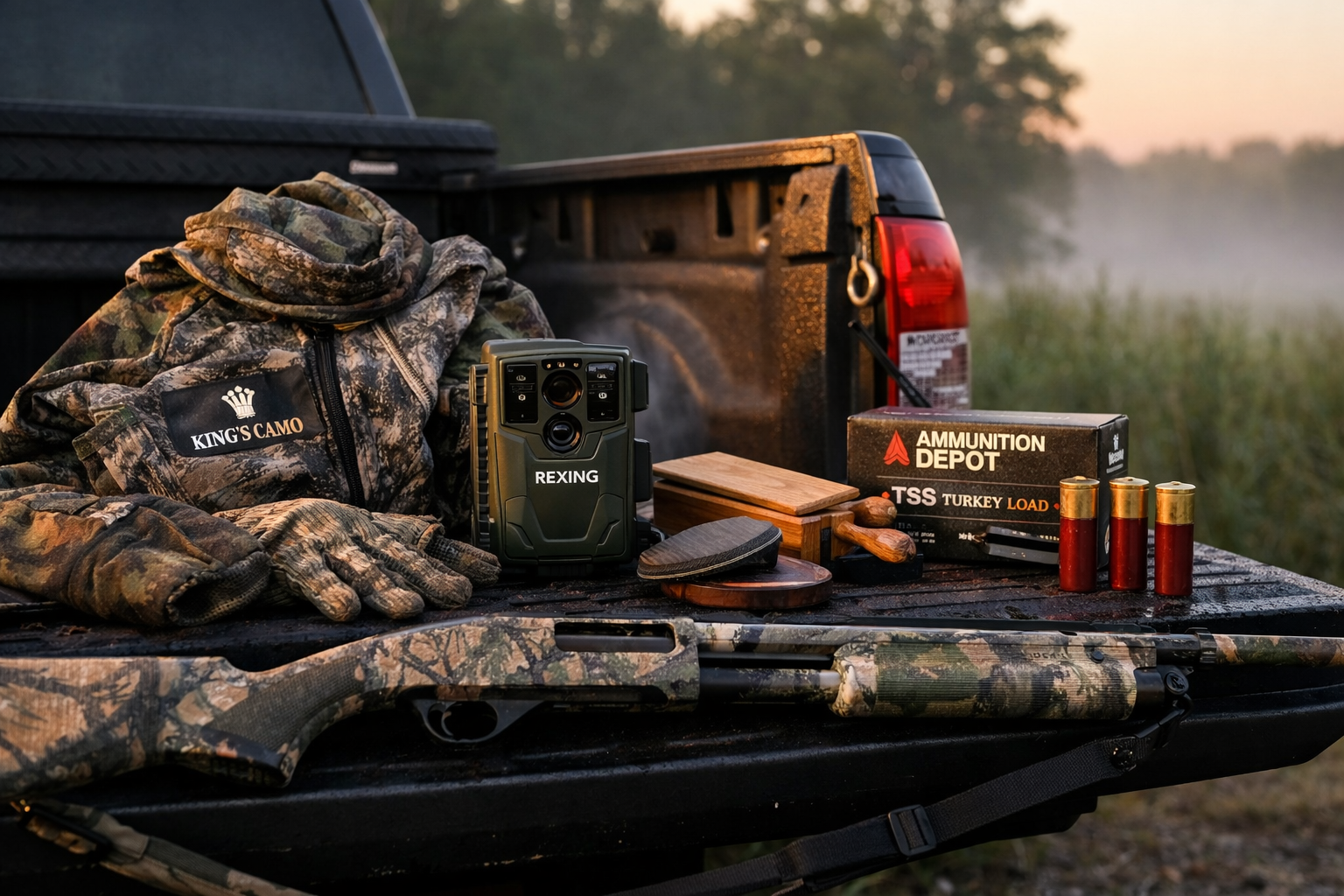 spring turkey hunting gear on truck tailgate at dawn with camo clothing trail camera turkey calls shells and shotgun