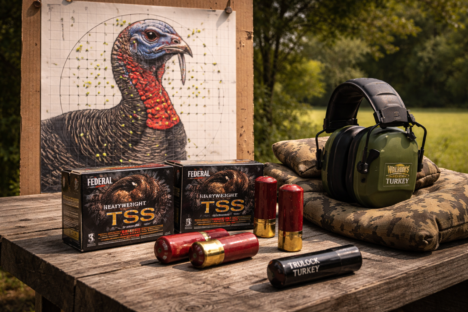 turkey hunting range setup with turkey shotshell boxes choke tube hearing protection and turkey pattern target
