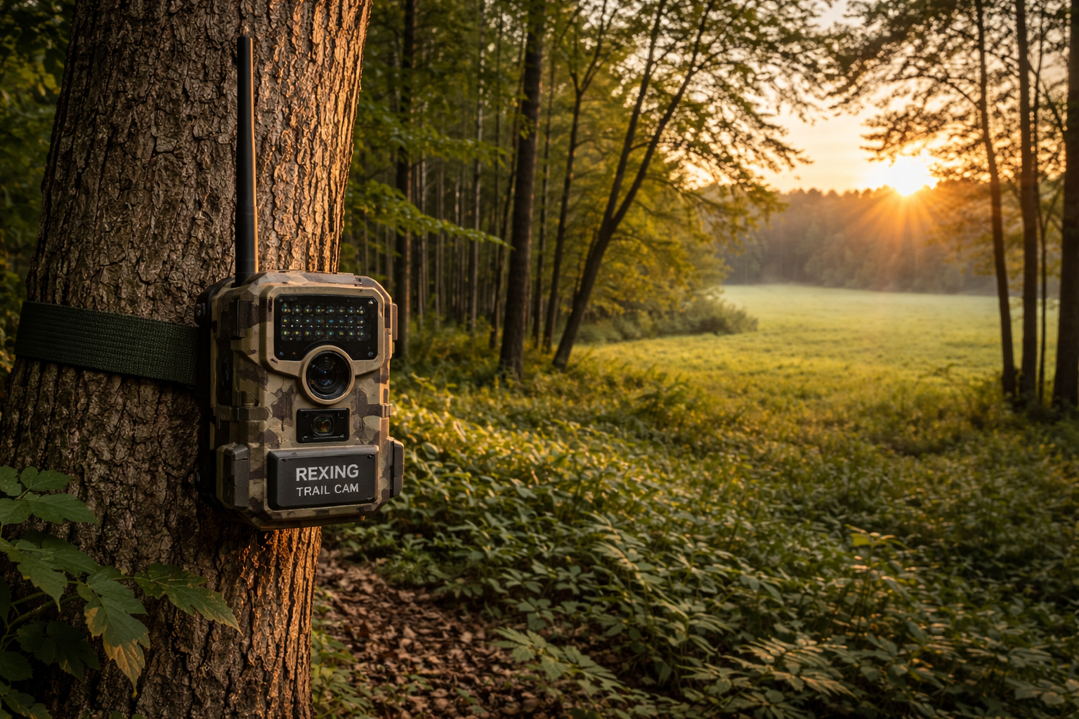 spring turkey scouting trail camera mounted on tree overlooking field edge at sunrise