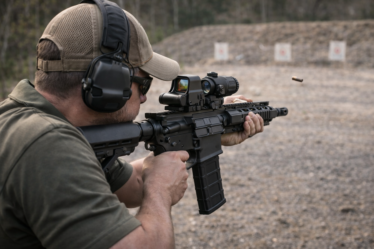 Shooter aiming a black AR-15 with a holographic sight and flip-to-side magnifier at an outdoor range with a berm and paper targets in the background.