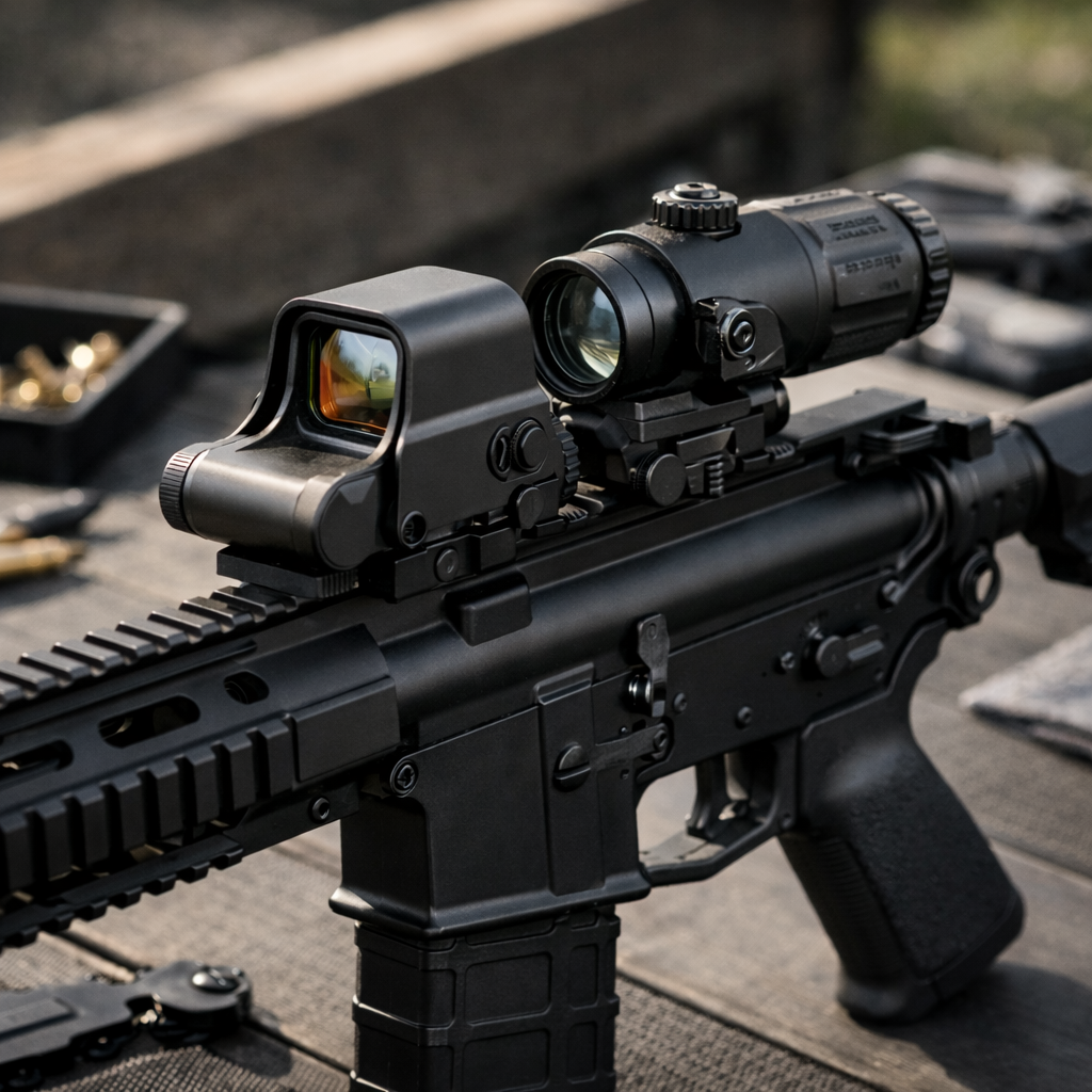 Black AR-15 fitted with an EOTECH holographic sight and flip-to-side 3x magnifier resting on a clean rifle bench in soft directional light.