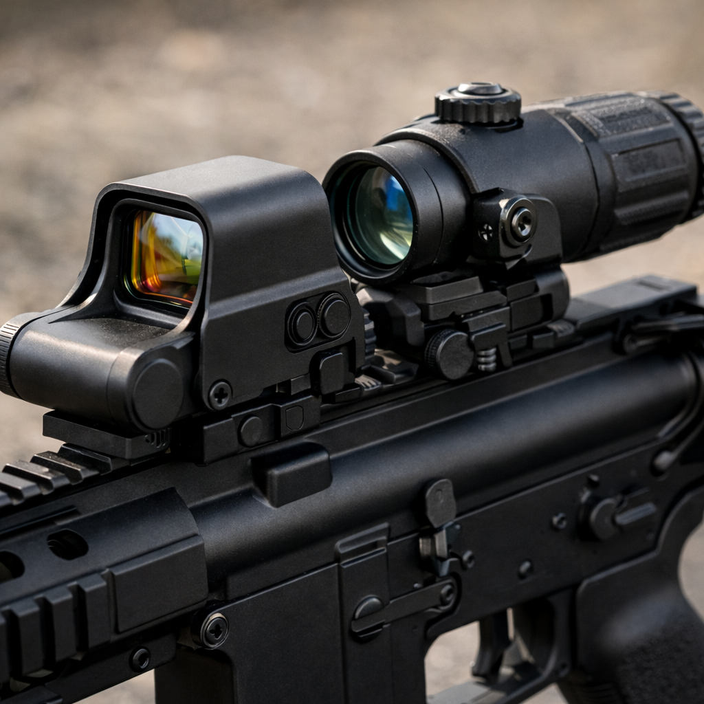 Close-up of a black holographic sight and flip-to-side 3x magnifier mounted on a rifle upper receiver and rail.