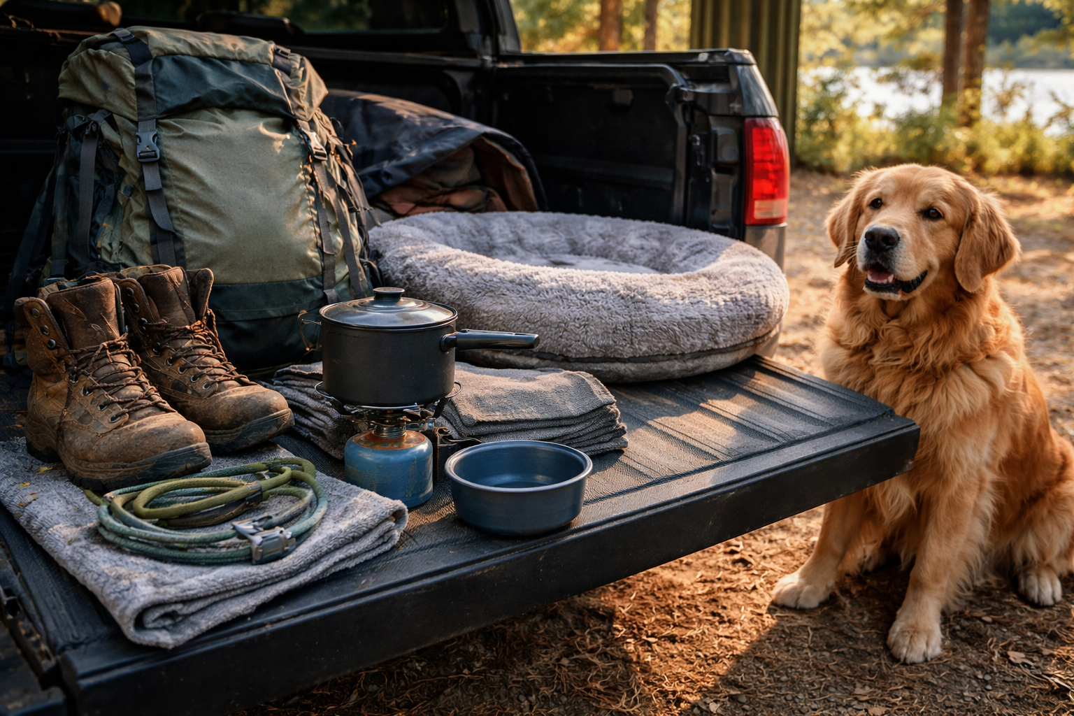 Camping with dogs checklist gear packed on a truck tailgate with boots, backpack, stove, dog bed, collapsible bowl, leash, towel, and a golden retriever nearby.