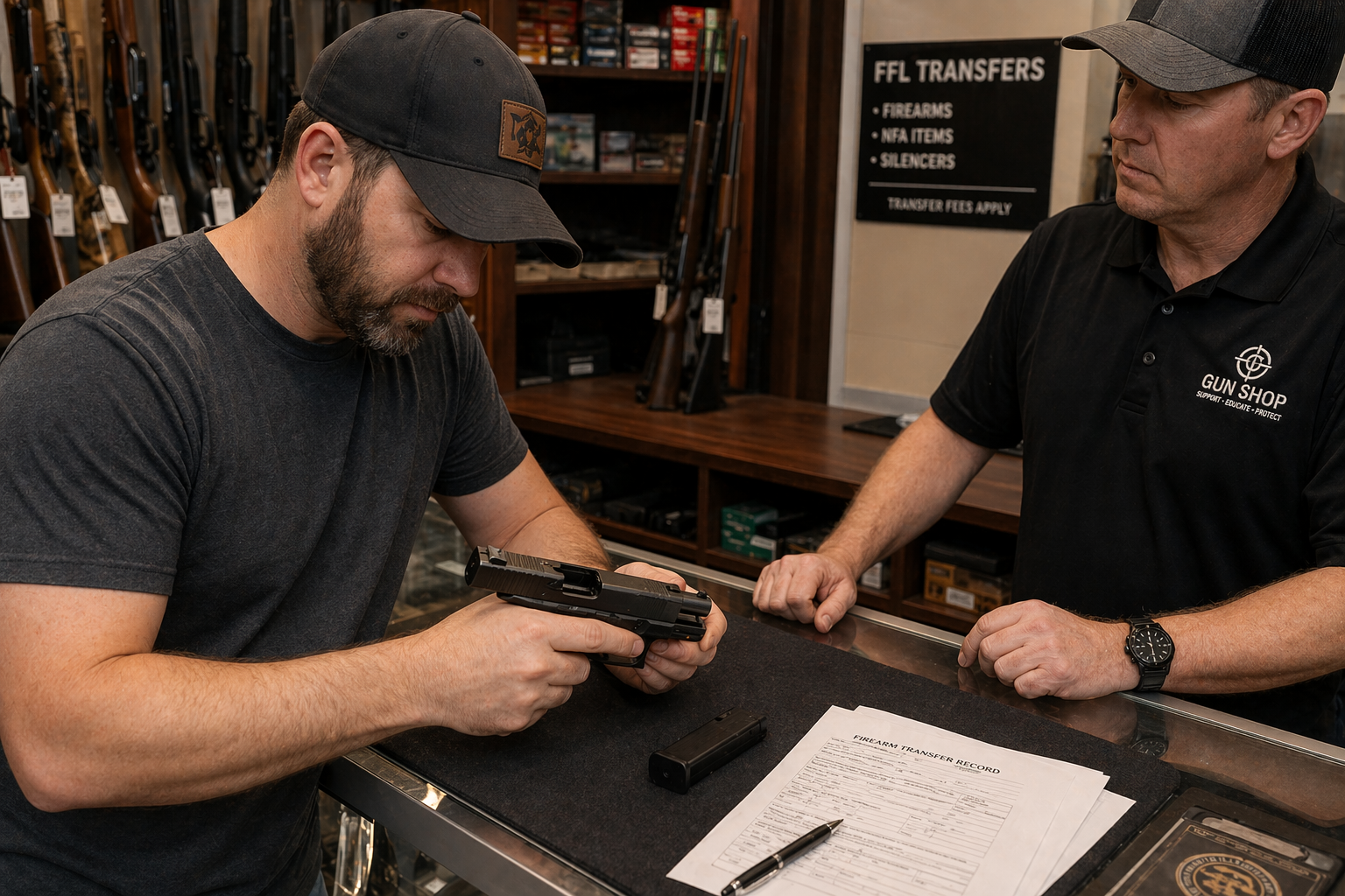 Buyer inspecting a used firearm at an FFL counter before transfer