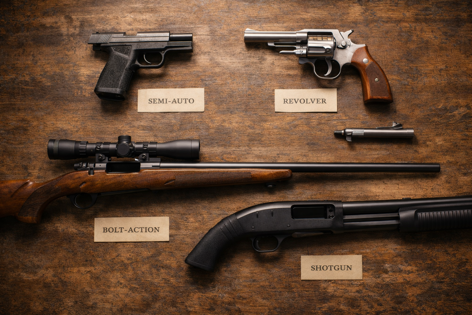 Certified used handgun revolver bolt-action rifle and shotgun arranged on a gun shop table