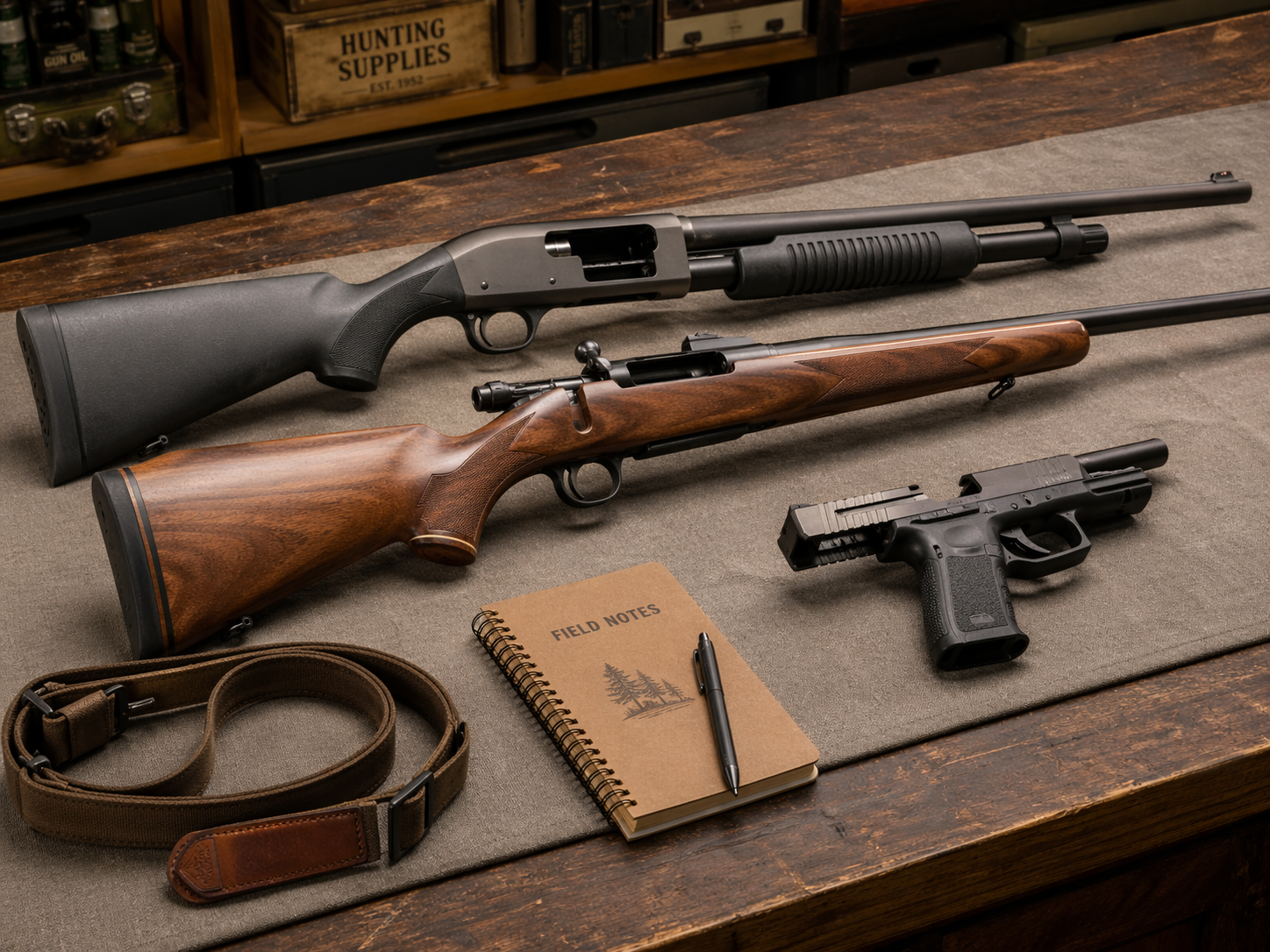 Used carry pistol, shotgun, and hunting rifle laid out safely on a bench