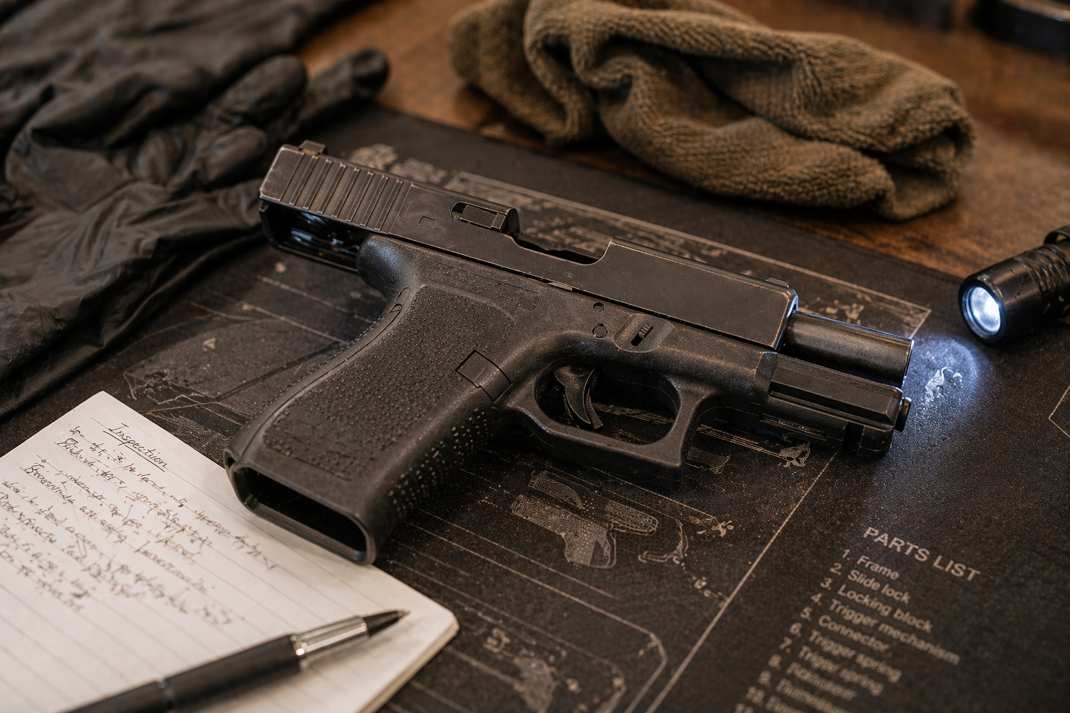 Used handgun being inspected on a gun shop mat with slide locked open