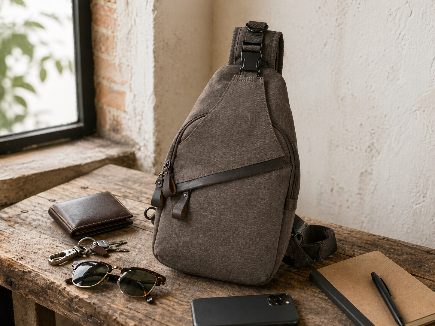Colt Canvas Sling styled for casual everyday carry on a rustic tabletop with wallet, keys, sunglasses, phone, and notebook