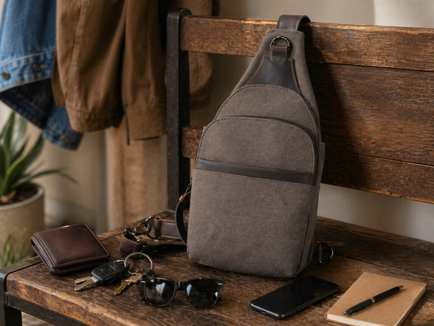 concealed carry sling bag lifestyle setup with daily essentials on a bench