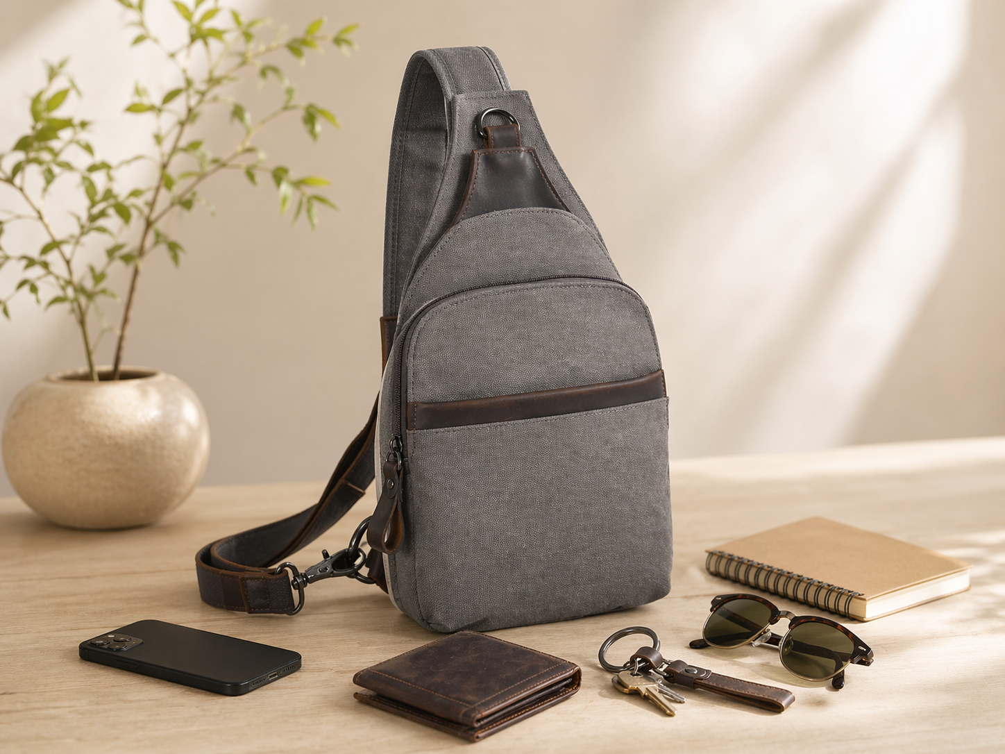 Dakota Large Canvas Sling bag styled with daily carry items