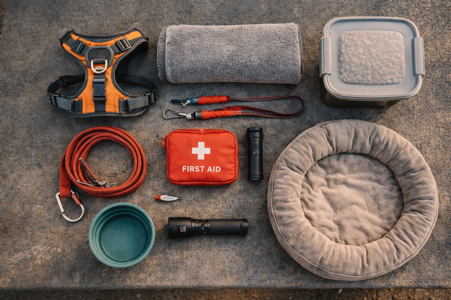 Flat lay of dog camping gear on an outdoor surface, including a harness, leash, collapsible water bowl, towel, tick remover, first-aid kit, travel dog bed, dog food container, and flashlight.