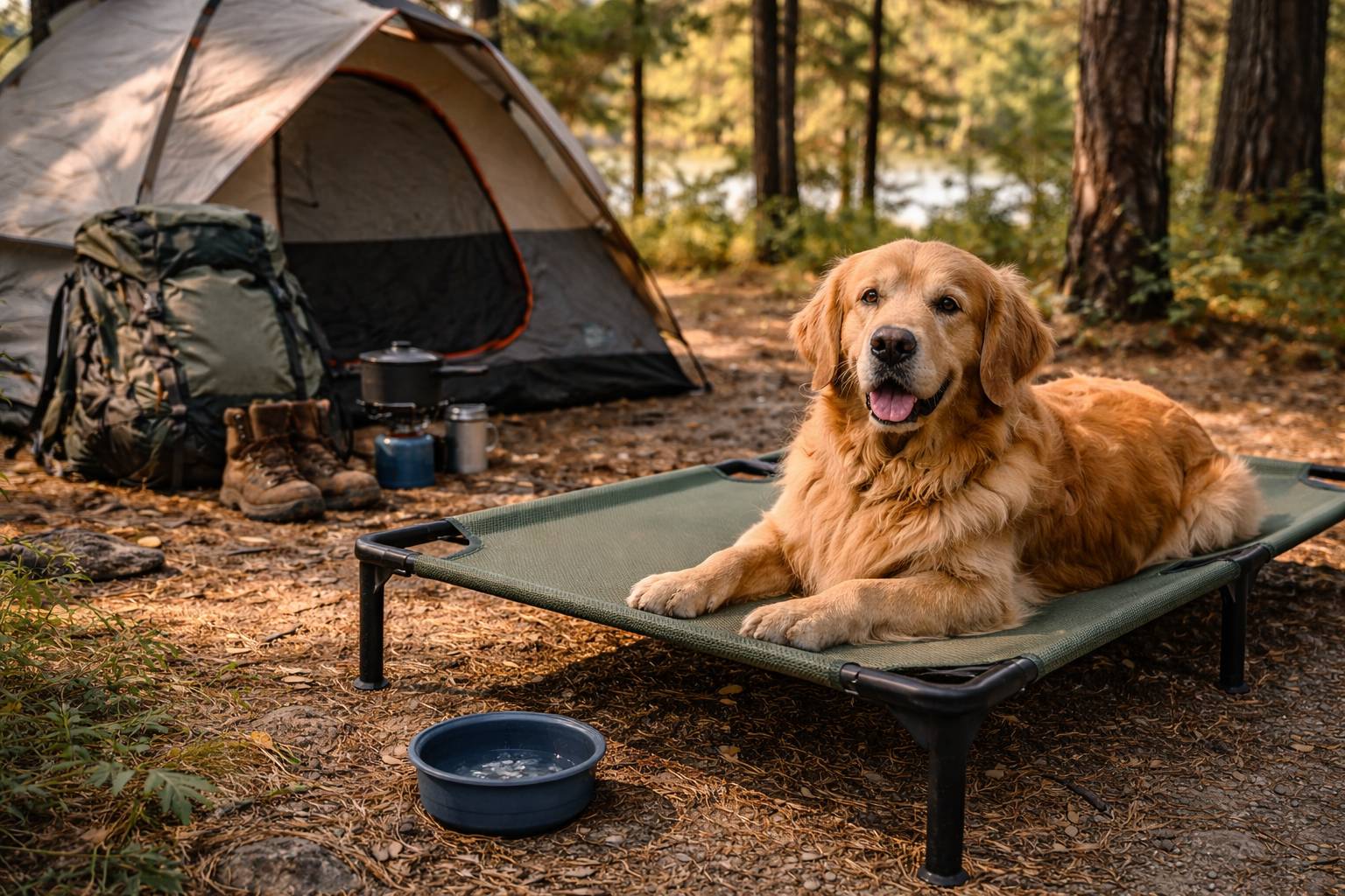 Dog-friendly campsite setup with a golden retriever resting on a raised cot beside a tent, collapsible water bowl, and organized camping gear.