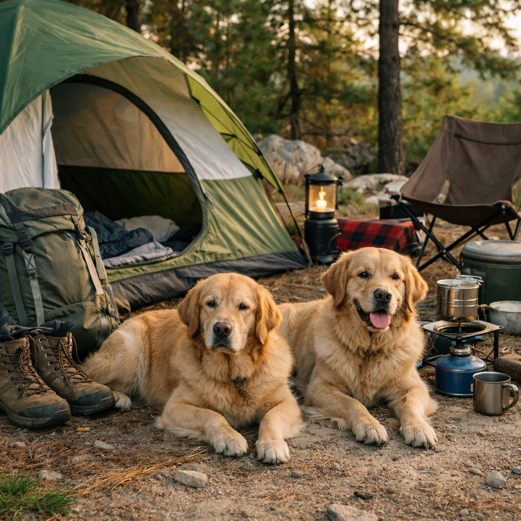 Two golden retrievers relax in front of a tidy tent campsite with hiking boots, a backpack, and a compact camp stove in warm natural light.