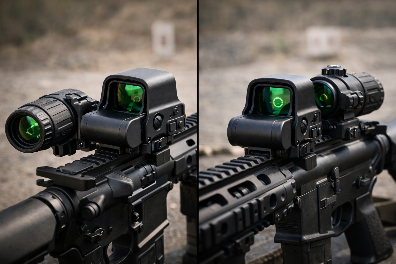 EOTECH HHS Green style holographic sight and magnifier shown with the magnifier flipped to the side and engaged on a black AR-15
