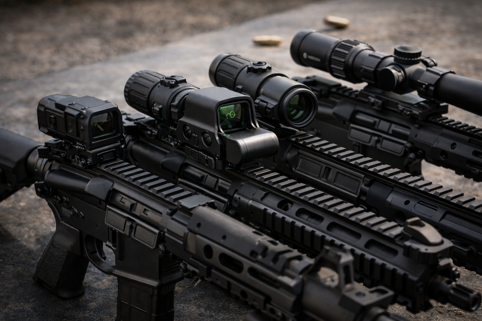 comparison image showing AR-style rifles with holographic plus magnifier, enclosed dot plus magnifier, and LPVO optic setups