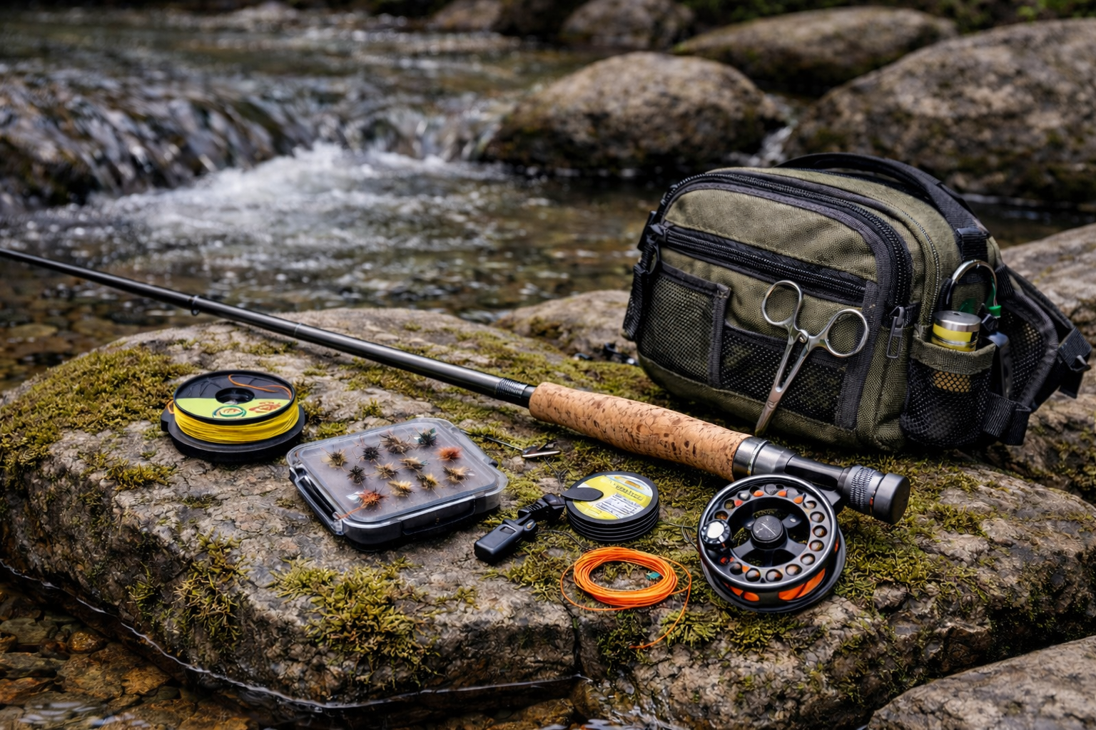 Fly fishing rod with reel, line spool, fly box, tippet, and small pack arranged on mossy rocks beside a clear creek.