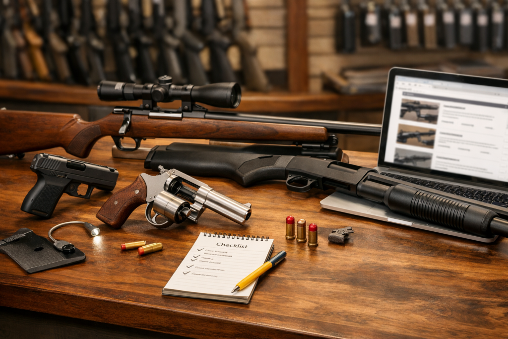 Guns.com Certified Used guns review with used handgun revolver rifle and shotgun displayed on a gun shop counter