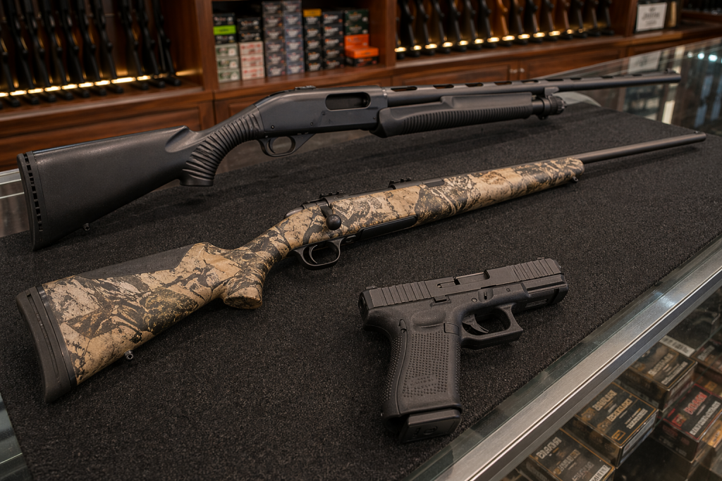 Certified used handguns and long guns arranged on a clean gun shop counter