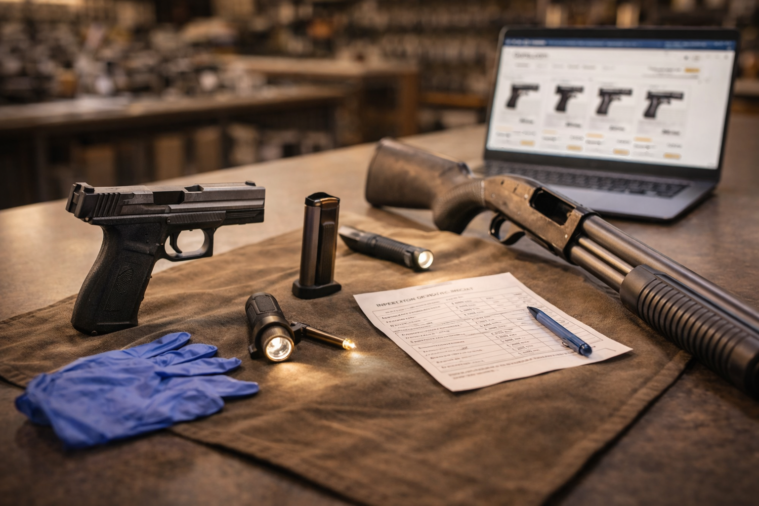 Guns.com law enforcement trade in handgun and pump shotgun displayed on a gun shop counter