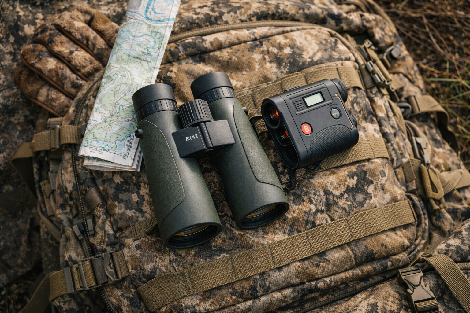 8x42 binoculars and a compact handheld rangefinder placed side by side on a rugged hunting pack with a folded topographic map and gloves in soft natural outdoor light.