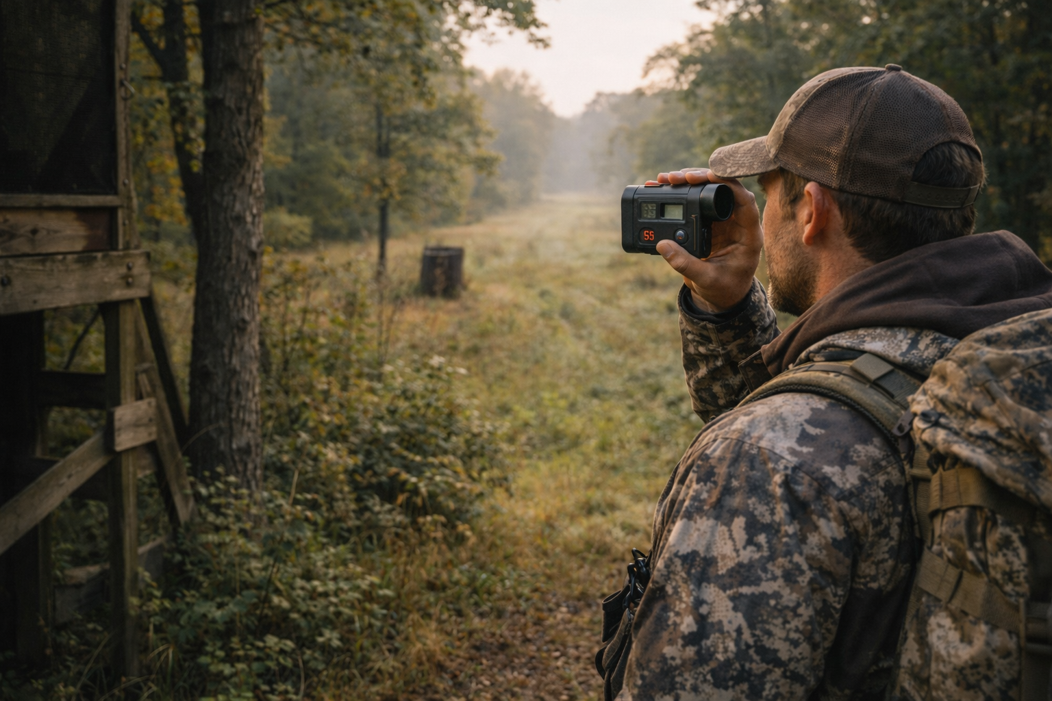 Hunter in field clothing using a compact handheld rangefinder near a tree stand to check distances across an early-season woodland opening.