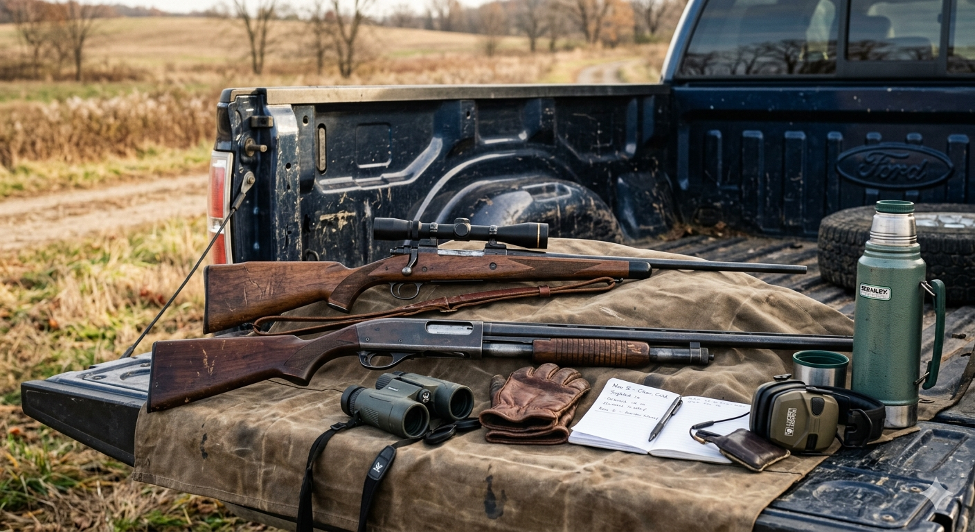 A bolt-action rifle and pump shotgun with open actions staged on a canvas blanket on a truck tailgate with hunting gear like binoculars, gloves, and a thermos in early morning autumn light.