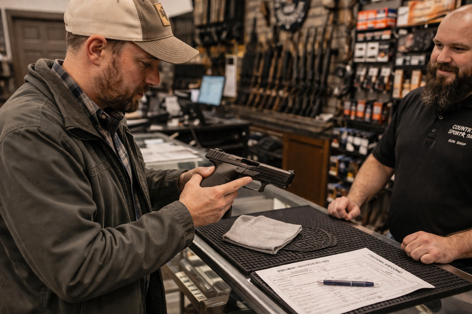 Buyer inspecting a police trade-in semi-auto handgun at an FFL transfer counter in a gun shop