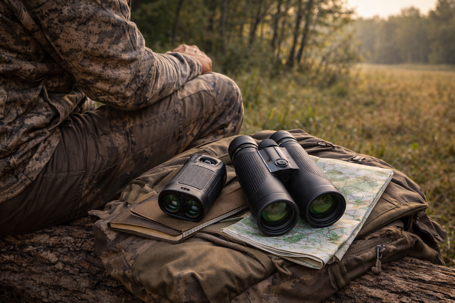 binoculars and compact rangefinder resting on a pack beside a folded map during a scouting break